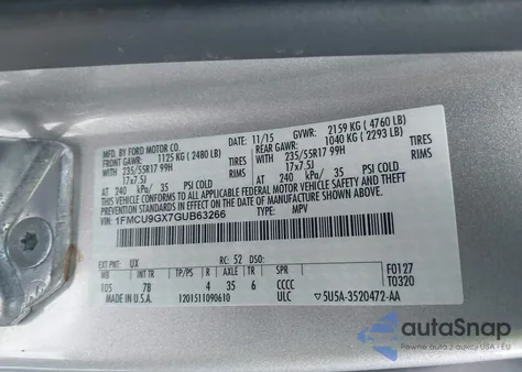 2016 Ford Escape Se from USA, damaged, VIN 1FMCU9GX7GUB63266